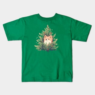 Dog poking through Christmas tree Kids T-Shirt